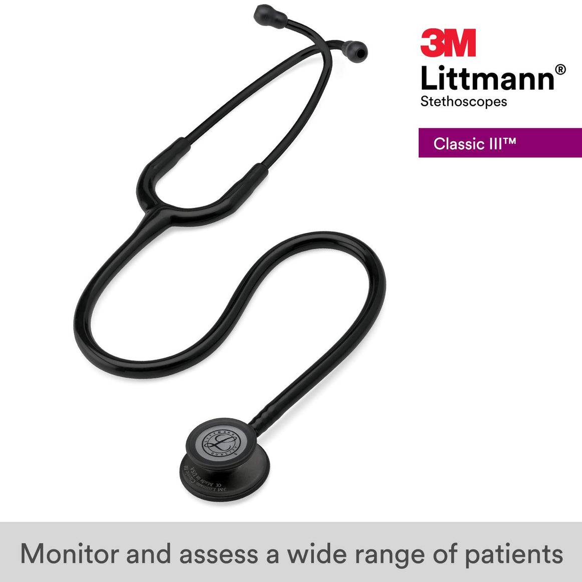 3M 5803 Littmann Classic III Black Edition Chestpiece Monitoring Stethoscope, 27" Black Tube